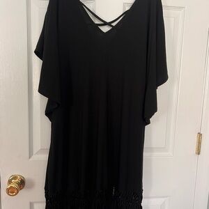Soma Black V-Neck Top with Crisscross Back and Fringe Trim